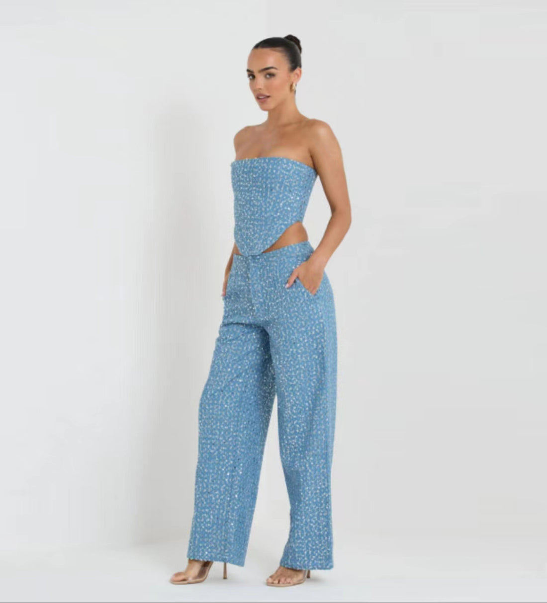 Sequined Tube Top Wide Leg Pants Suit