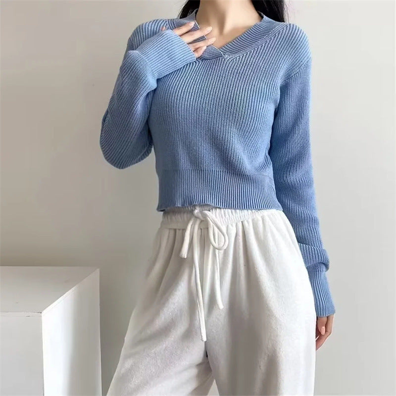 V-neck Thick Needle Pullover Cropped Sweater