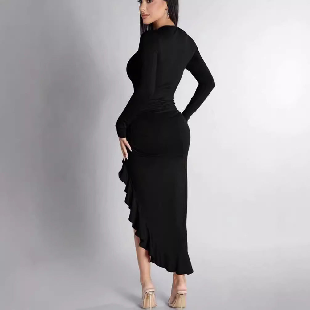 Round Neck Long Sleeve  Frill Split Ruffled Dress