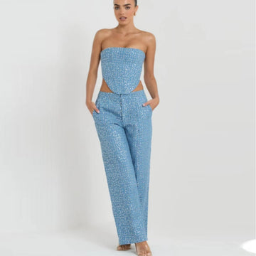 Sequined Tube Top Wide Leg Pants Suit