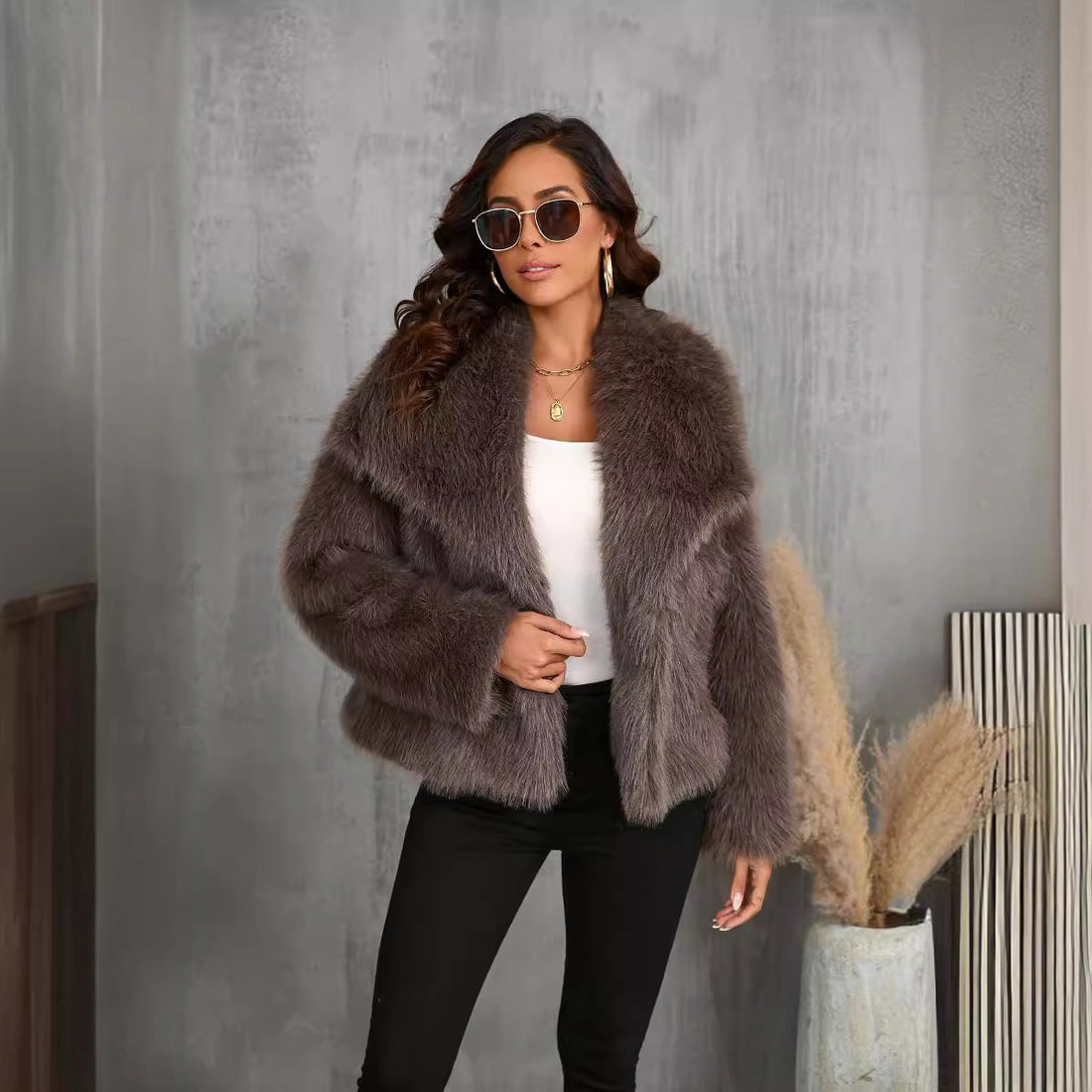 Large Lapel Fluffy Plush  Short Coat