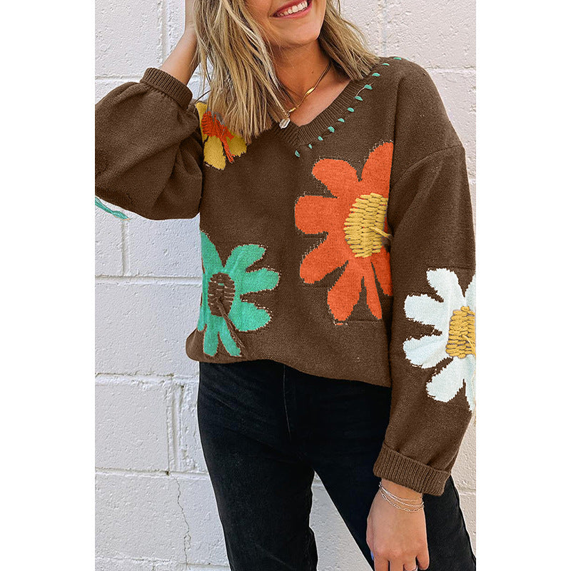 Women's V-neck Knitted Top  Leisure Floral Sweater