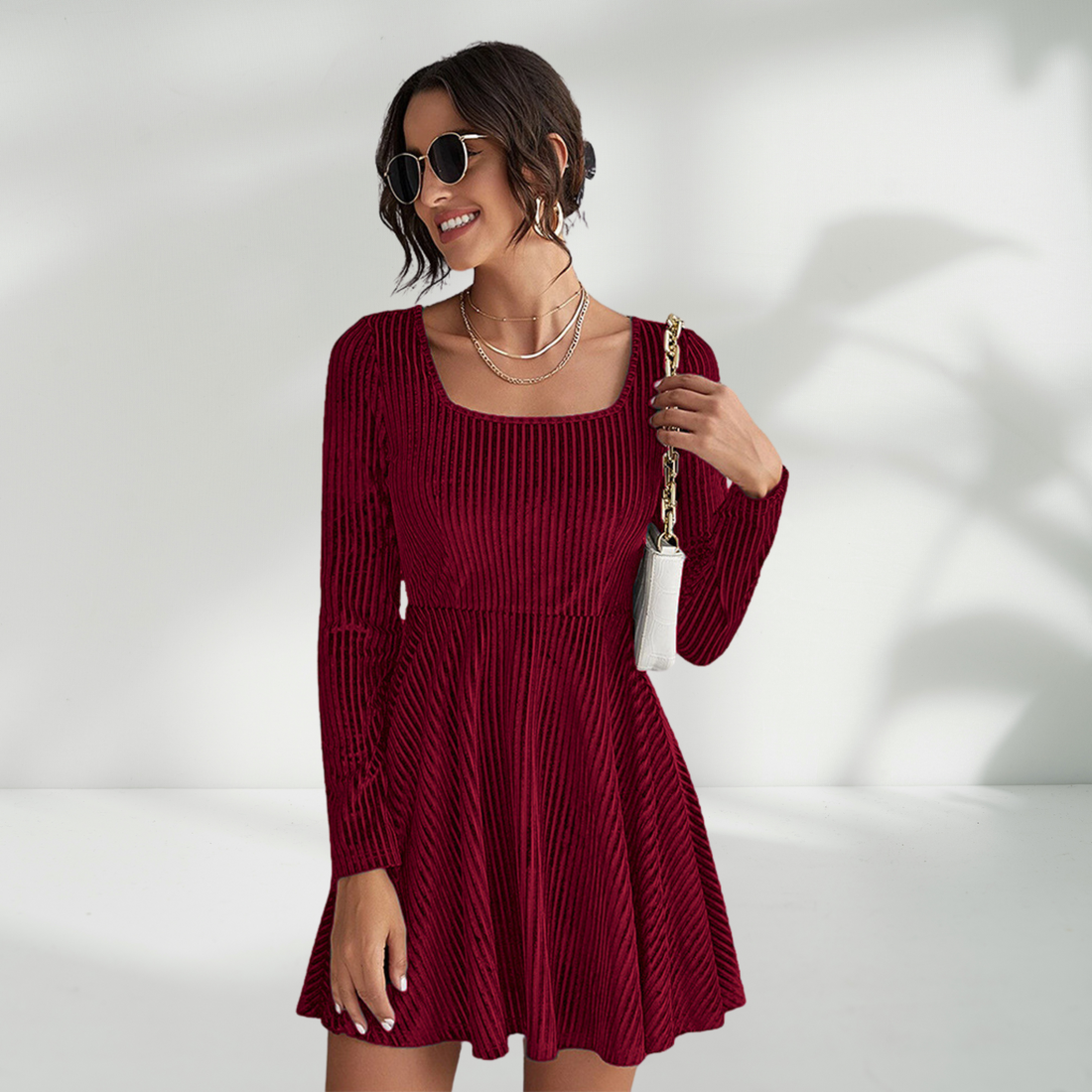 Waist-controlled  Temperament Long Sleeve Party Velvet Dress