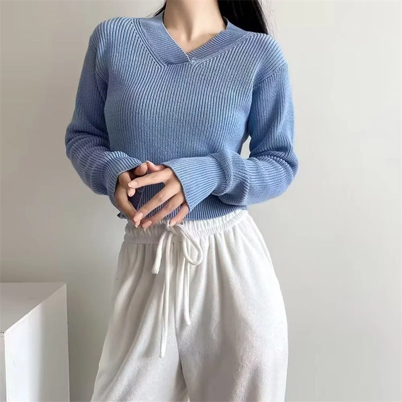 V-neck Thick Needle Pullover Cropped Sweater