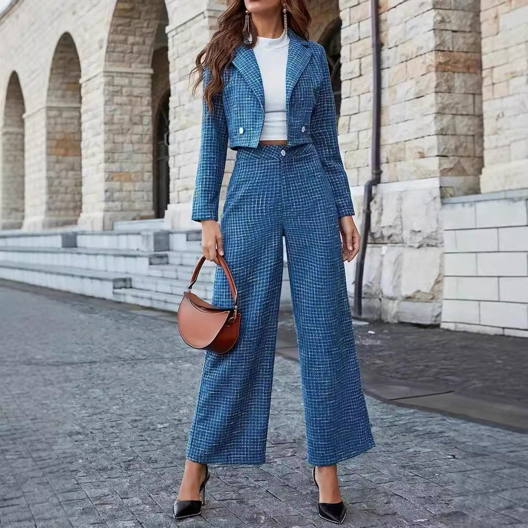 Women's Lapel Double Button Blazer And Wide Leg Pants