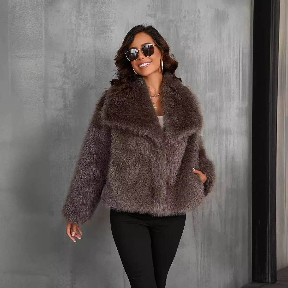 Large Lapel Fluffy Plush  Short Coat